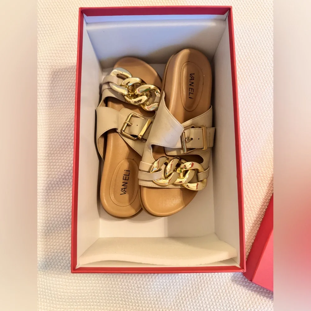 VANELI Farasy Soft Beige & Gold Chain Slide Sandals Women’s Shoes